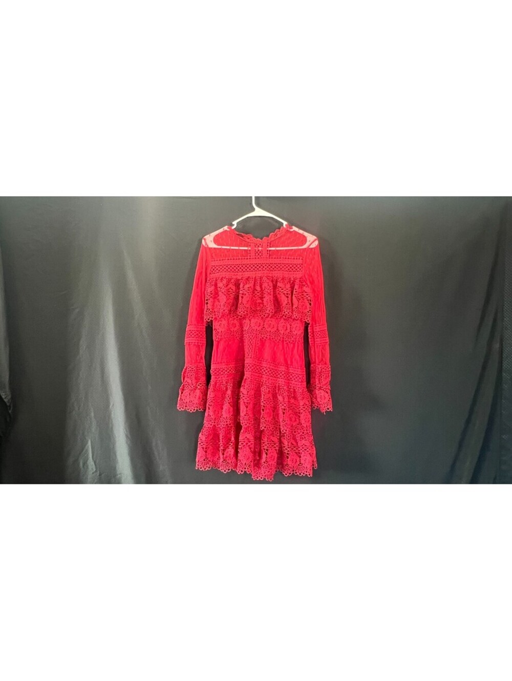 NWT Women L Red Lace Tiered Long Sleeve Cocktail Party Mini Dress